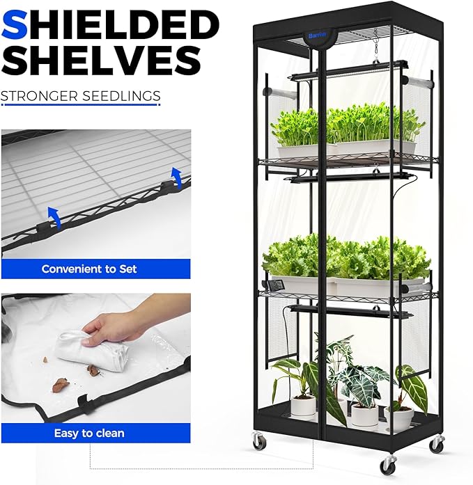 Barrina LP600 Indoor Greenhouse with Grow Light, 75W TX-S25 1.6FT 5000K, 4-Tier Plant Stand with Full Spectrum Lights, Plant Shelf with Tent, Timer & Thermometer for Seed Trays,Growth,23.6x13.8x59.1IN
