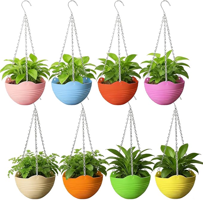 Srmayyi 8 Pack 8 Inch Plastic Self Watering Hanging Planters,Colorful Hanging Basket Planter with Drainer and Metal Chain,Garden Flower Plant Pot Container for Indoor Outdoor Plants,8 Colors