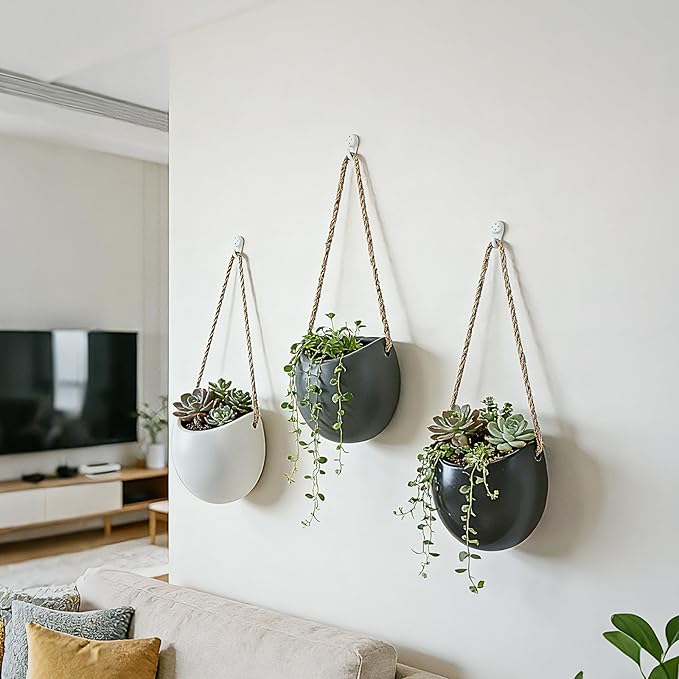 Set of 3 Small Ceramic Hanging Planters for Indoor Plants, Wall Decor for Bathroom Living Room Bedroom Home Kitchen Office Corridors