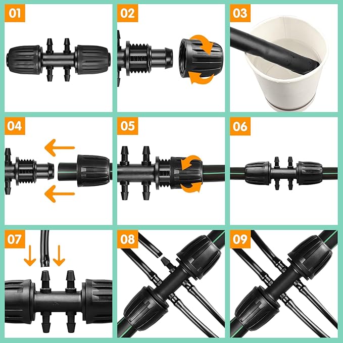 Drip Irrigation Fittings for 1/2 Inch to 1/4 Inch Tubing Reducing Tee, 12 Pcs 1/2'' to 1/4" Drip Line Anti-Drop Locked Nut Barbed Reducer 6 Way Tee Connectors & 12 Pcs End Caps for Drip Systems