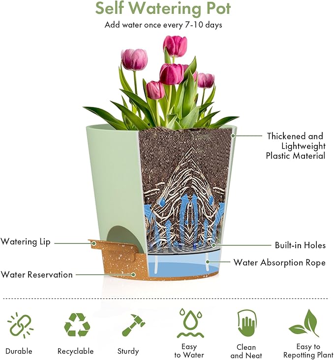 WSMKSZ 7/6.5/6/5.5/5/4 inch Self Watering Pots for Indoor Outdoor Plants, 6 Pack Plastic Flower Planters with Drainage Holes and Removable Saucers, Plant Pots with Wicking Rope, Green Brown
