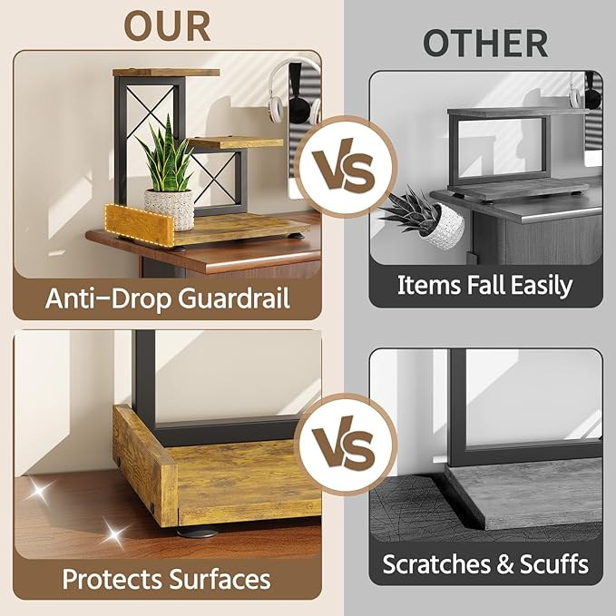 LASZOLA Indoor 3 Tier Table Top Corner Plant Stand, Heavy Duty Wood and Metal Succulents Shelf, Vertical Countertop Planter Display Rack Organizer for Office Kitchen, Desk Accessories, Rustic Brown