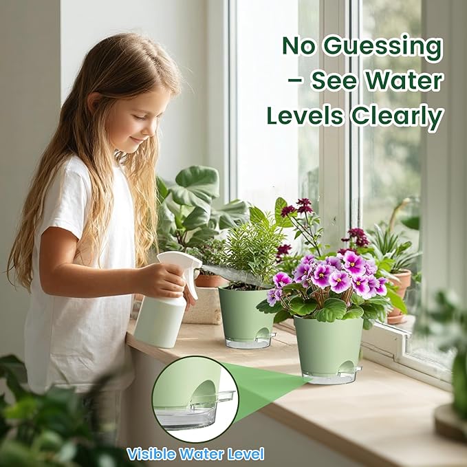 Meowell 5 inch Self Watering Flower Pots for Indoor Plants, 5 Pack Small Plant Pots with Drainage Holes & Clear Reservoir for Visible Water Level, Plastic Wicking Planter Pots for House Plants, Green