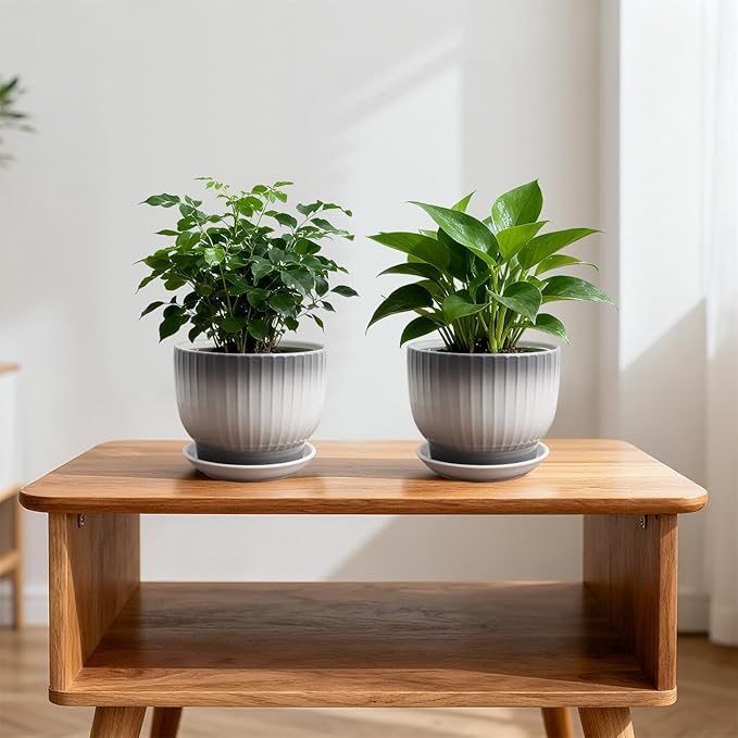 Ceramic Plant Pots,6.7 Inch,Set of 2,Planters with Drainage Hole and Saucer,Flower pots for Indoor Plants,Modern Design(Gray+White)