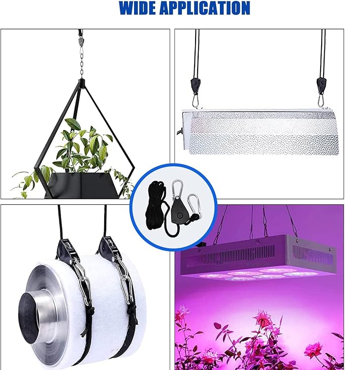 Grow Light Rope Hanger 50Pairs，1/8" 8-Feet Long Heavy Duty Adjustable Rope Clip Hanger, Adjustable Rope Ratchet Hangers 150 Lbs per Pair Used with Grow Light, Grow Bags