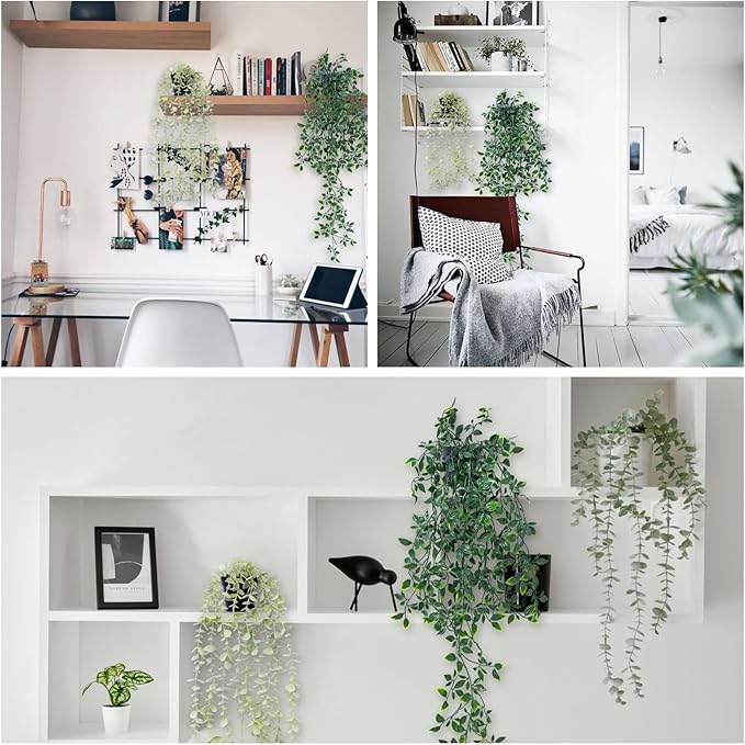 Freyalife 2pcs Fake Hanging Plants for Room Decor,Artificial Potted Plants Eucalyptus for Aesthetic Vintage Boho Home Office Living Bedroom Wall Patio Bathroom Bookshelf Christmas Indoor Outdoor Decor