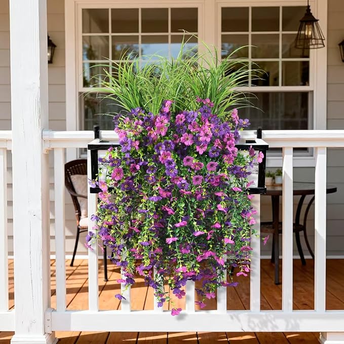 Hommyea Artificial Hanging Flowers for Outdoors with Wheat Grass, 5 Pcs Fake Hanging Plants for Spring Decor, UV Resistant Faux Silk Flower Greenry for Planter Porch Patio Yard Garden(Double Purple)