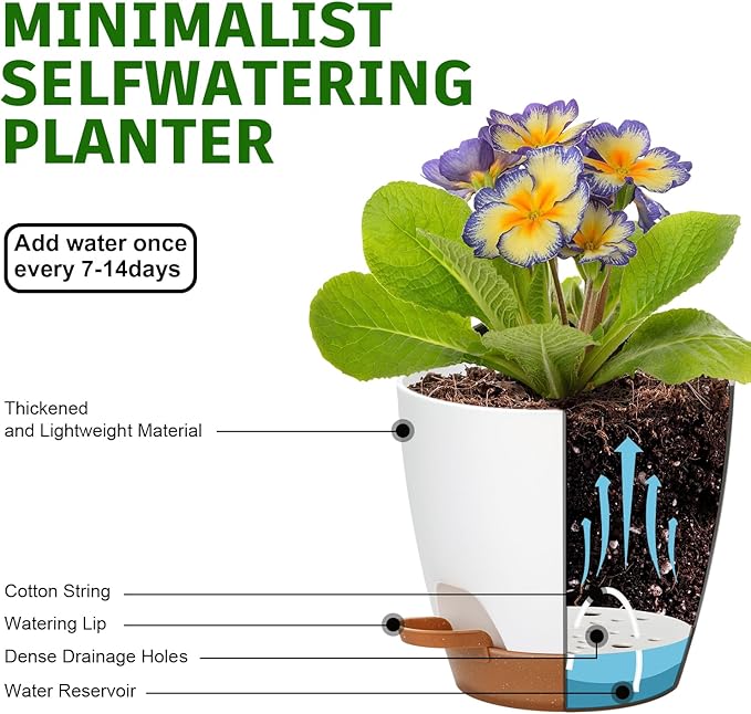 5-Pack Plant Pots with Drainage 7/6.5/6/5.5/5 Inch Self Watering Pots for Indoor Outdoor Plants, Plastic Flower Pots with Drainage Holes and Removable Saucers, Plant Pots with Wicking Rope (White)