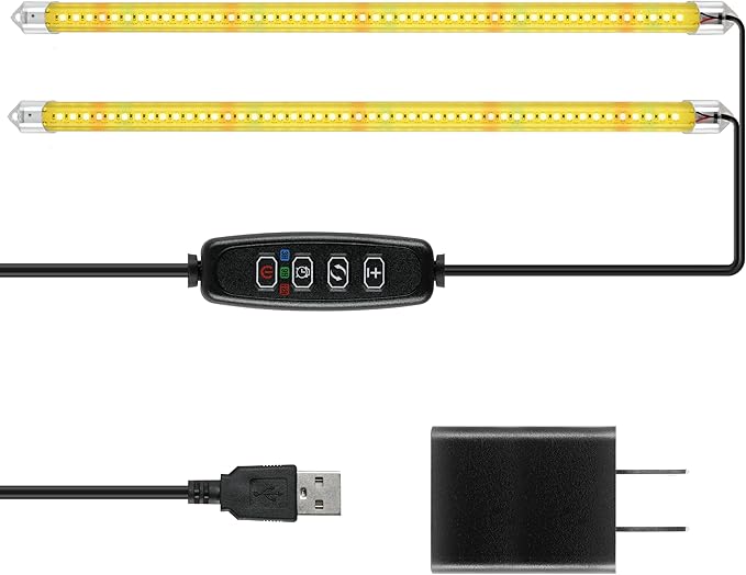 iPower 20W LED Plant Grow Light Strips Full Spectrum for Indoor Plants with Auto ON/Off 3/9/12H Timer, 2 Tubes, Yellow