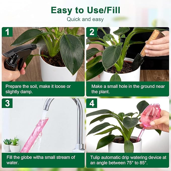 Adoric Plant Watering Globes Self Watering Planter,Automatic Plant Watering Devices, Insert Spikes Drip Devices, Plastic Watering Bulbs for Indoor & Outdoor Plants, 4 Tulips