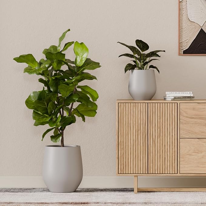 KUTE NEST 12.5" H x 11.4" D Premium Corso Fiberstone Round Tapered Planter with Drainage Hole, Smooth Finishes, Weather Resistant, Included 2 Extra Coco Mats (Light French Gray, 9" Pot Opening)