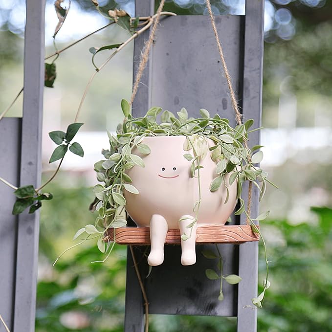 HUNTHAWK Large Swinging Smiley Face Planter Pot Hanging Flower Planters for Indoor and Outdoor Plants, Funny Succulent Pots for String of Pearls Plant Live- Ideal Gifts for Mother's Day and Christmas