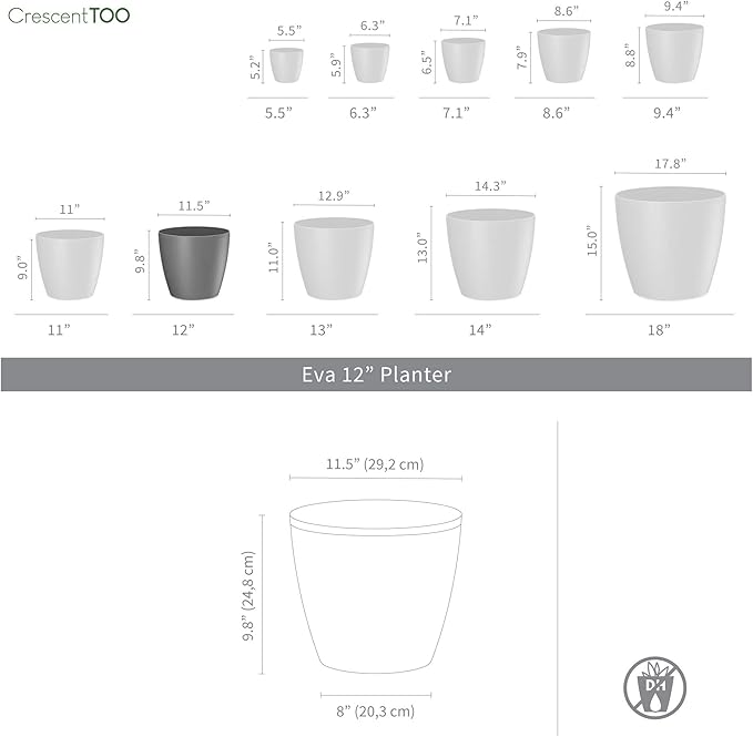 Crescent Too Eva Small Decorative Planter Modern Pot for Plants, Flowers, Herbs & Succulents, No Drain Hole - 12" W, White (Pack of 2)