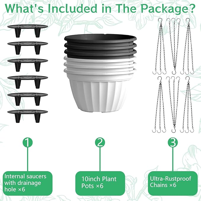 FGstyle Hanging Planters 10 Inch, 6 Pcs Self Watering Pots for Indoor Plants, Plastic Hanging Basket with Soil Elevator and 20" Chain for Home Garden Porch Balcony Patio Decor (Black & White)