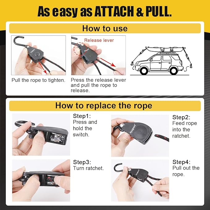 Ayaport Adjustable Rope Hanger Grow Light Hanger, 12Ft 1/4" Heavy Duty Plant Pulley Rope Tightener Ratchet Tie Down with S Hook for Kayak, Tarp, Tent Tie Downs, Hanging Plants, 4 Pack