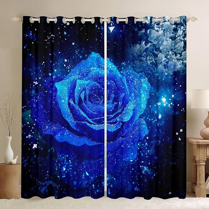 Feelyou Galaxy Blue Rose Window Drapes Romantic Rose Floral Curtains for Women Girls Valentine's Day Blackout Curtain Modern Luxury Window Treatments 42W X 84L,2 Panels