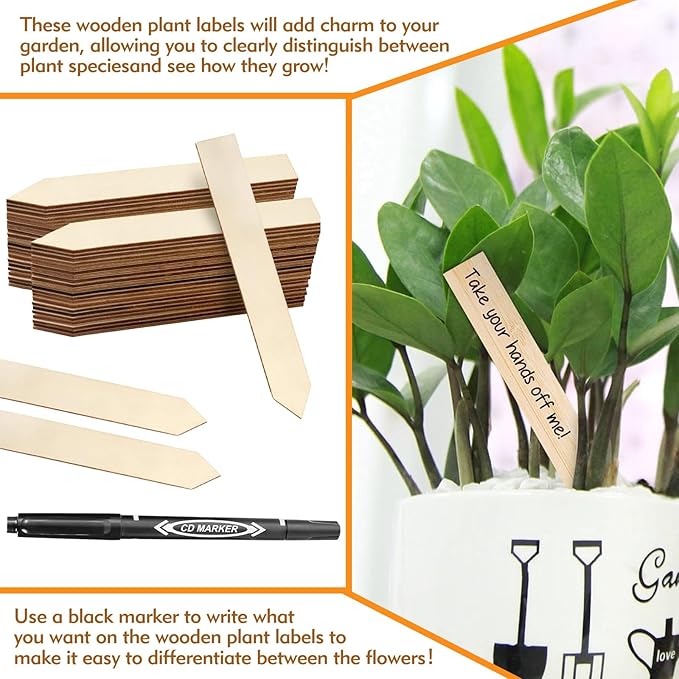 50 PCS Plant Labels with a Black Marking Pen, 5.9 Inch Waterproof Plant Label for Outdoor Indoor Potted Plants, Wooden Plant Tags Gardening Gifts for Women Men