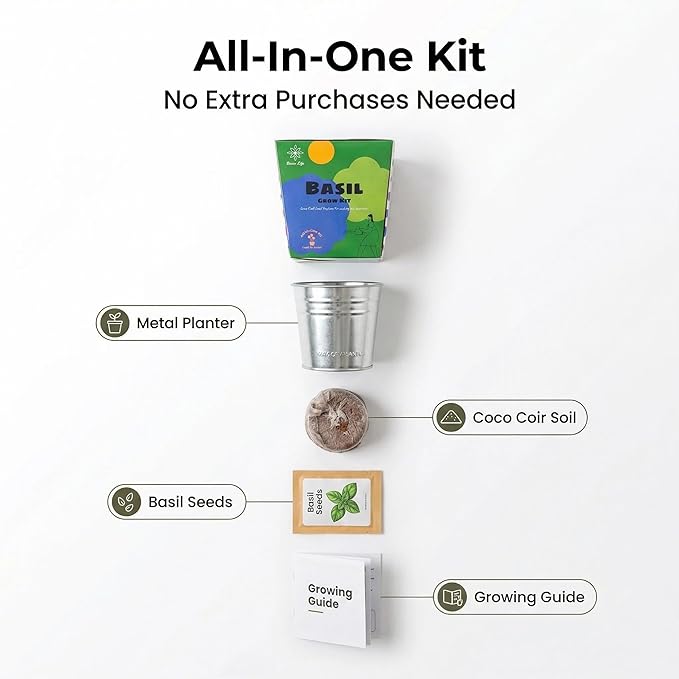 Basil Grow Kit – All-in-One Indoor Herb Garden with Tin Planter, Seeds & Soil, Easy to Grow for Kitchen, Kids, Home, Office, Gift