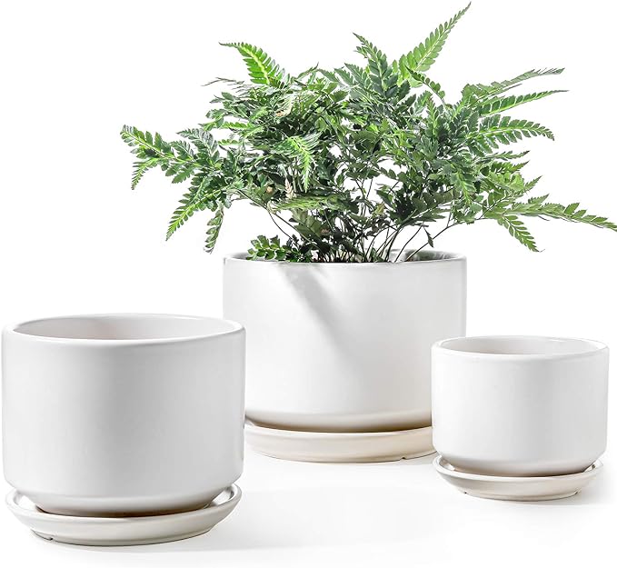 LE TAUCI Ceramic Plant Pots, 4.3+5.3+6.8 inch, Set of 3, Planters with Drainage Hole and Saucer, Indoor Flower Pot with Hole Mesh Pad, Gifts for Mom, White