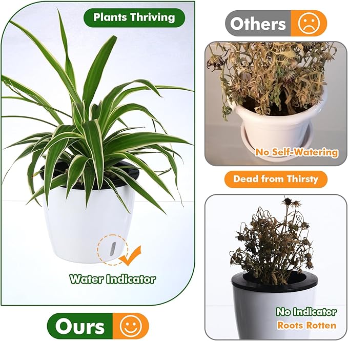 Planterhoma 6.7 Inch Self Watering Pots for Indoor Plants, 8 Packs African Violet Pots with Indicator, Black Wick Pot with Drainage Holes, Self Watering Planters for Orchid, Devil's Ivy, White