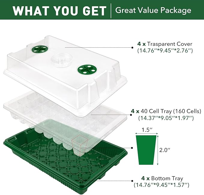 YAUNGEL Seed Starter Tray, Super Thicken 160 Cells Seed Starter Kit with Humidity Dome Durable Seeding Starting Trays for Greenhouse Germination Trays Green, 4 Pack