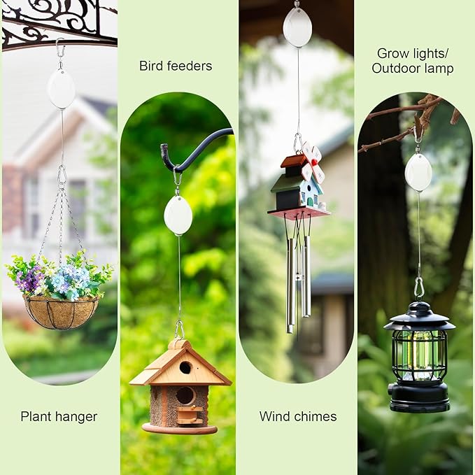 2 Pcs Upgraded Heavy Duty Retractable Plant Hanger,Plant Pulleys for Hanging Plants,Easy to Raise and Lower,Auto Lock,Adjustable Hook for Garden Baskets Pots,Birds Feeder and Wind Chime,White