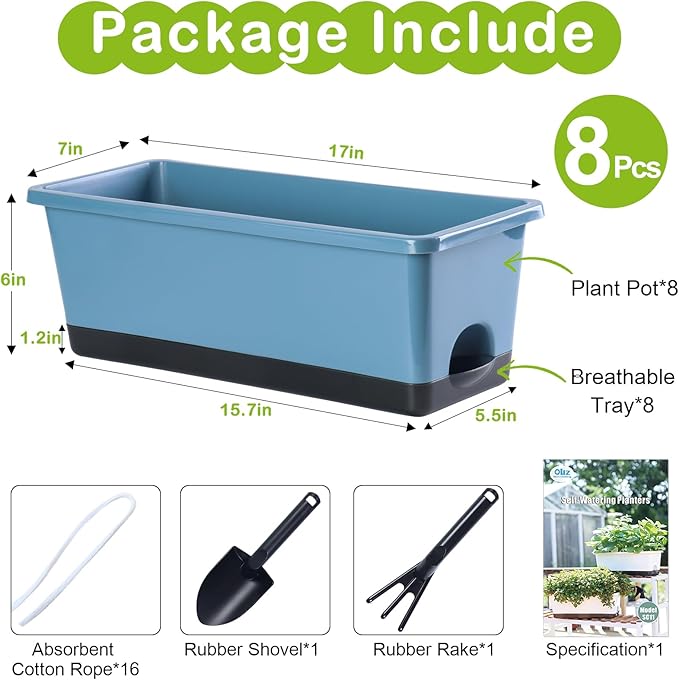 Oliz Window Box Planter 8 Pcs, 17 Inches Rectangle Flower Pots with Drainage Holes and Trays, Vegetable Planters for Windowsill Patio Garden Balcony Home Porch Yard Indoor Outdoor (Blue)