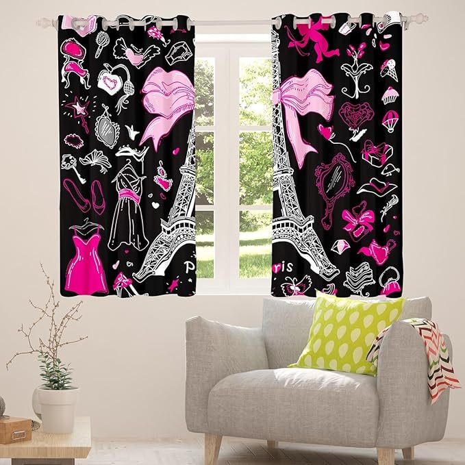 Eiffel Tower Curtains & Drapes,City Building of Paris Blackout Curtains,French Style Romantic France Window Treatments,Make Up Themed Pink Hearts Modern Fashion Window Curtains 2 Panels 38"Wx45"L