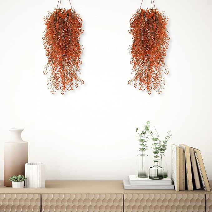 RECUTMS Fall Artificial Hanging Plants 4 Pcs Autumn Fake Ferns Artificial Plants Large Faux Hanging Plant Wall Thanksgiving Room Home Garden Wedding Party Indoor Outdoor Decor(Fall Orange)