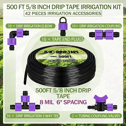 Tondiamo 500' 5/8 Inch Drip Tape Irrigation Tubing Kit 8 Mil 6" Spacing Garden Hose Watering Tube Line Automatic Equipment for Garden Irrigation System Farms, Landscape, Lawn