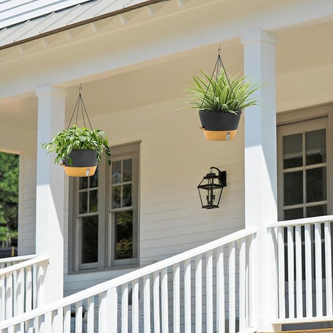 ZMTECH 2 Pack 12 Inch Hanging Planters for Indoor Plants, Large Gray Self Watering Hanging Planter with Water Level Window, Drainage & Adjustable Chain, Outdoor Flower Pots for Patio