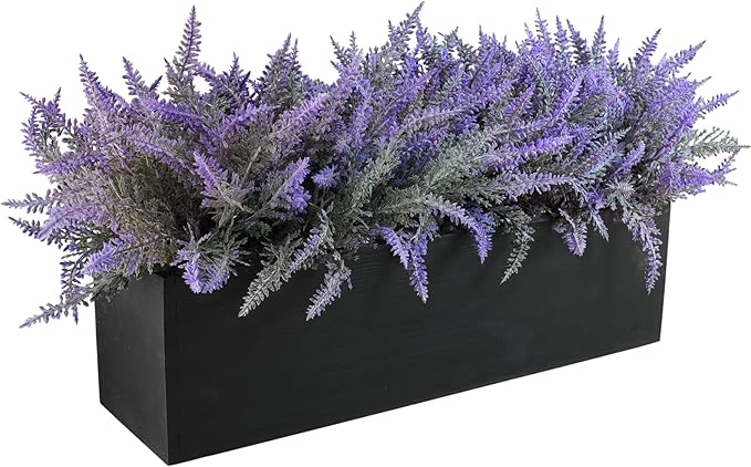 Winlyn 14" Artificial Lavender Arrangement Faux Lavender Flowers in Rustic Black Wooden Planter Box Realistic Lavender Potted Plant for Gift Farmhouse Home Wedding Table Centerpiece Mantel Shelf Décor