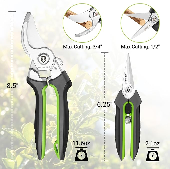 WORKPRO Garden Pruning Shears 2 Pack, 8.25" Bypass Pruning Shears and 6.25" Straight Garden Flower cissors, Garden Clippers Hand Tools for Cutting Flowers, Trimming Plants, Picking Fruits