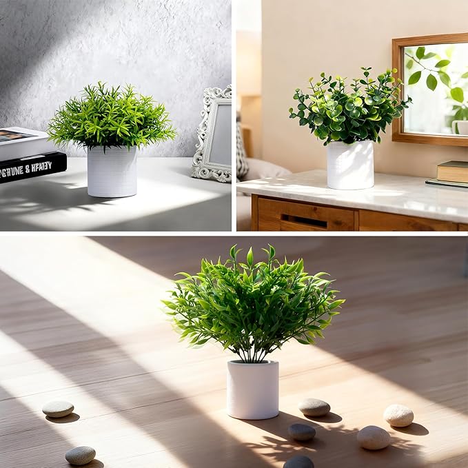 FGSAEOR Mini Potted Fake Plants, Small Artificial Greenery Plants Topiaries, Low Maintenance, Shelf Desk Room Table Office Home Decor (3-Pack) (White Pot - Green)