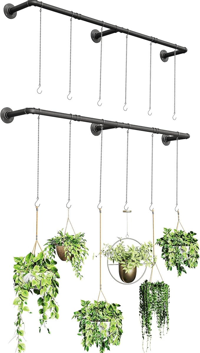 SOFITORG Plant Haning Rod, 2 Pack Hanging Planters for Indoor Plants with 6 Chains, Wall Plant Hanging Bar for Window Celling, 65.7 Inch, Metal Black, Pots Not Included