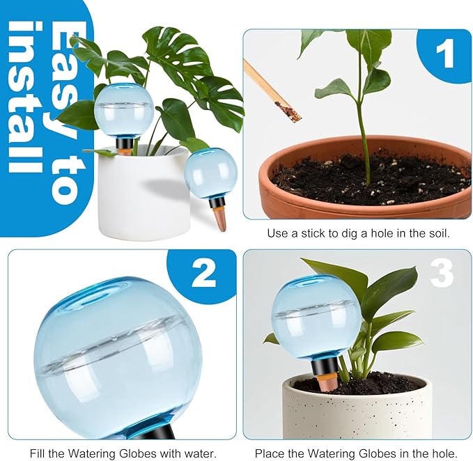 4 Pack Self Watering Globes 17oz Large Plant Watering Globes Top Fill, Self Water Planter Insert Indoor/Outdoor Plastic Water Bulbs Slow Release Terracotta for Plants, Blue
