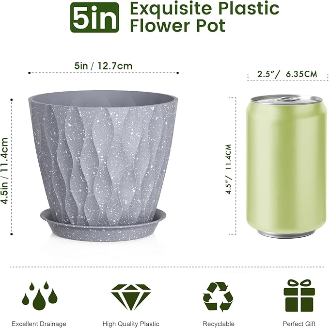 Meowell 5 inch Plant Pots for Indoor Outdoor Plants, 6 Pack Thick Flower Pots with Drainage Holes and Saucers, 3D Modern Wave Texture Small Plastic Planters Nursery Pots, Speckled Grey