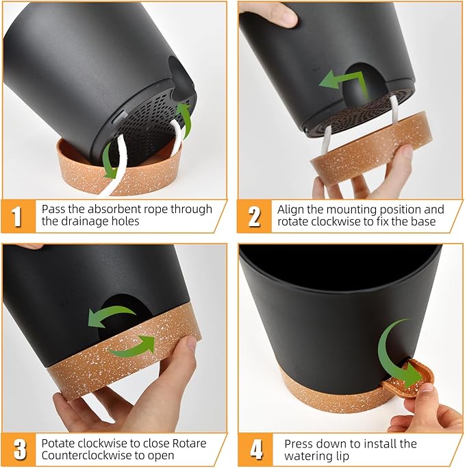 Vanslogreen Planters for Indoor Plants 7/6.5/6/5.5/5 Inch, Self Watering Flower Pots with Drainage Holes and Saucers 5 Pack Plastic Pots for Plants, Succulents, Herbs, Cactus, Flower, Black