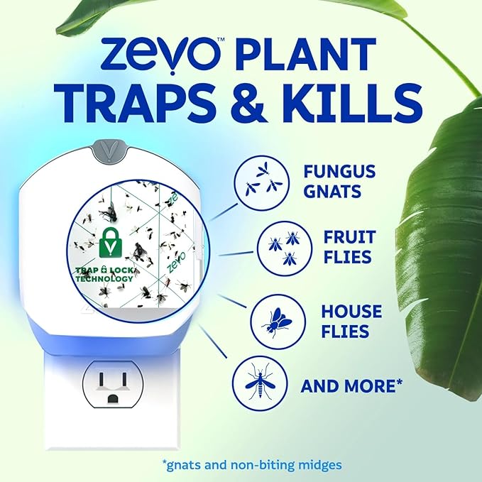 Zevo Plant Flying Insect Trap: Easy, Mess-Free Solution, Use Near House Plants - Kills Fungus Gnats, House Flies, & Fruit Flies (1 Device & 2 Refill Cartridges)