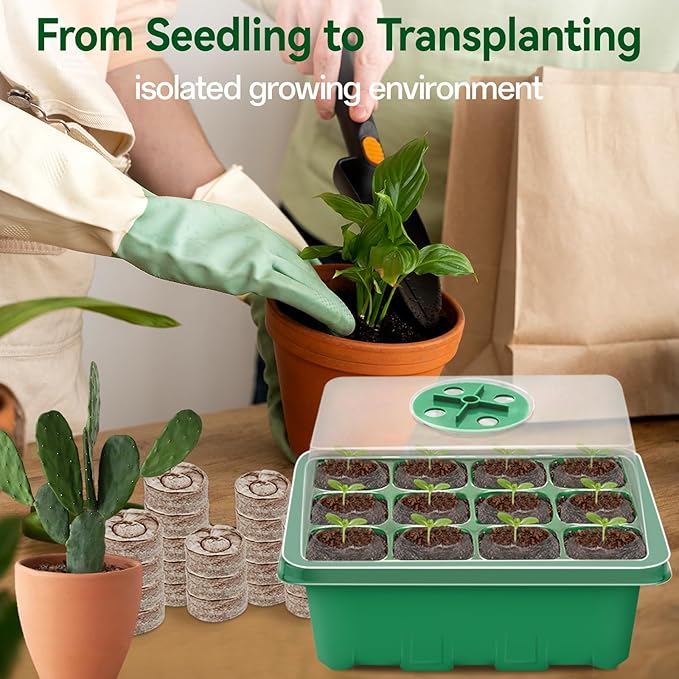 Halatool 4 Pack Seed Starter Tray with 50 PCS Peat Pellets, 48 Cells Green Seeding Starter Trays for Organic Seed Starter Soil Pods for Planting Vegetables Plants Flowers - Starting Seeds Kit