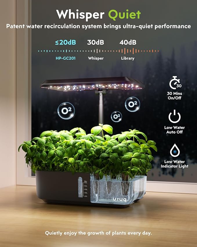 URUQ Hydroponics Growing System Garden: 12 Pods Indoor Gardening System with Custom Time Grow Light Height Adjustable Quiet Plants Germination Kit - Gardening Gifts Charcoal