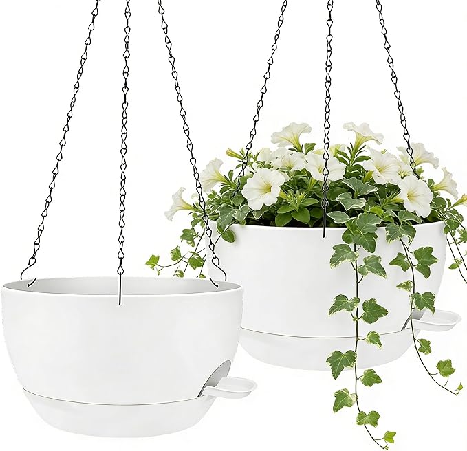 2 Pack 10 Inch Self Watering Hanging Planters for Indoor Plants, Large White Plastic Hanging Pots with Chains for Outdoor Patio Garden Home Decor (White)