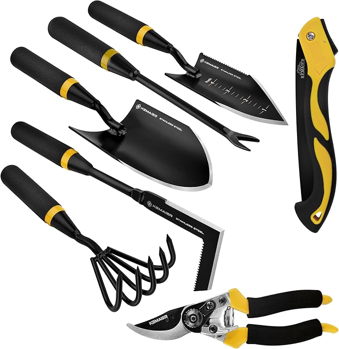 Kemaier 7 - Piece Gardening Tools Set, Stainless Steel Gardening Tools, Heavy - duty Hand Gardening Tools with a Toolbox, Suitable for Gardening Planting and Weeding, Gardening Gifts for Women and Men