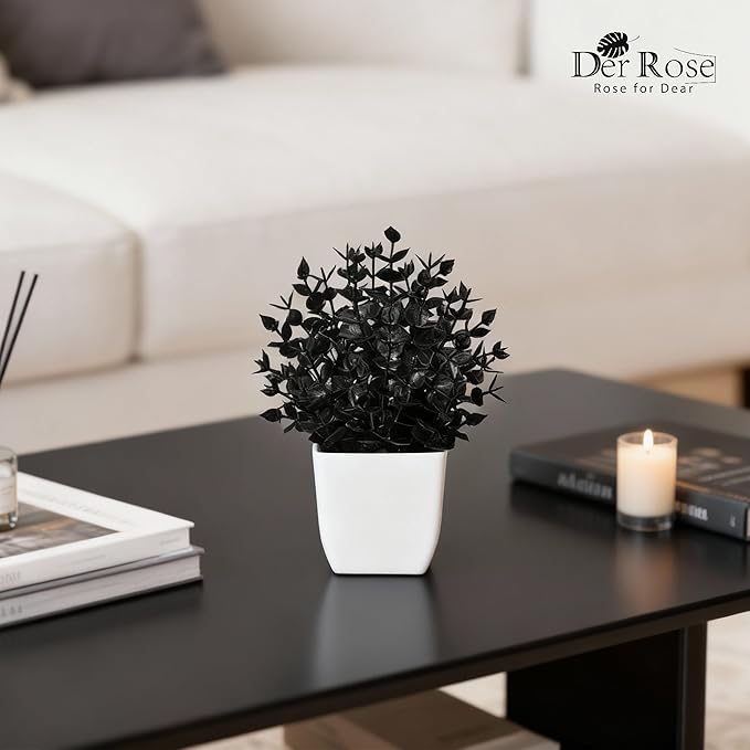 Der Rose 2 Pack Small Black Fake Plants Mini Artificial Potted Plants for Halloween Decor Table Desk Home Office Black Bathroom Decor