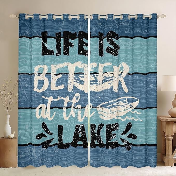 Feelyou Blue Lake House Window Treatments Camping House Window Drapes for Kids Boys Girls Farmhouse Wooden Stripes Curtains Soft Blackout Curtain 52W X 63L,2 Panels
