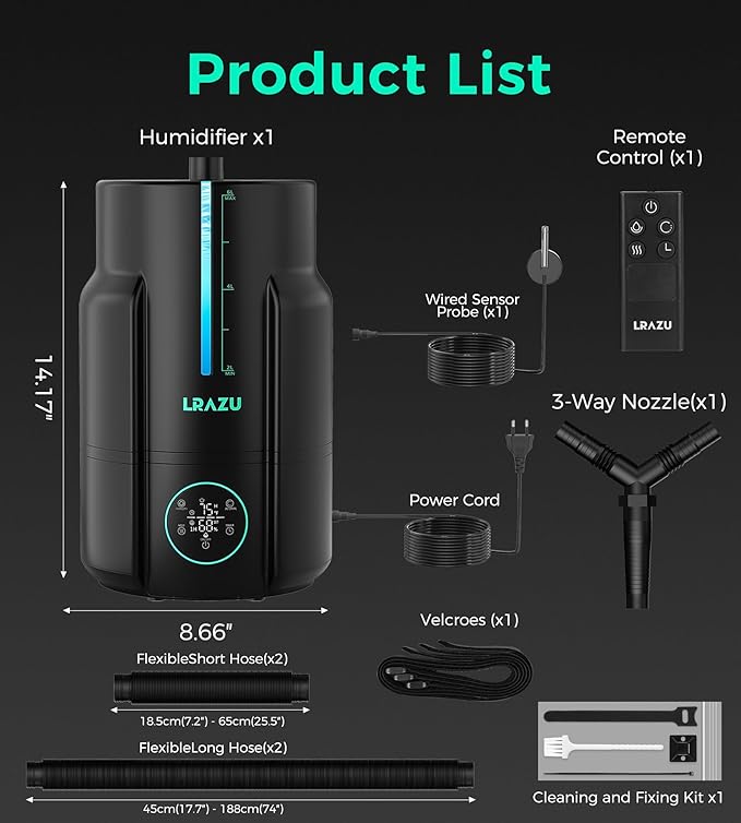 6L/1.6 Gal Reptile Fogger Humidifier, Misting System for Reptiles with Extendable Targeting Hose, 400 mL/h Plants Humidifier with Precise Temp & Humidity Probe for Grow Tent, Greenhouse, Growers