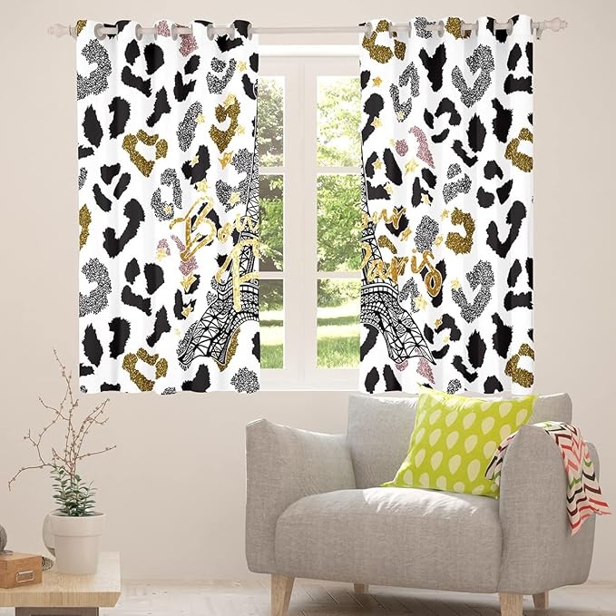 Feelyou Eiffel Tower Curtains Leopard Print Window Curtains Bedroom Living Room Kids Room Decor Boys Girls Paris Tower Window Drapes Cheetah Print Window Treatments 52W X 63L，2 Panels