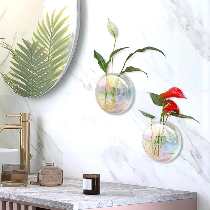 Kingbuy Wall Hanging Glass Planters Propagation Station - 4 Pack Iridescent Oblate Globe Flower Vases for Air Plants, Glass Terrariums with Floating Holders, Boho Indoor Hydroponic Home Office Decor