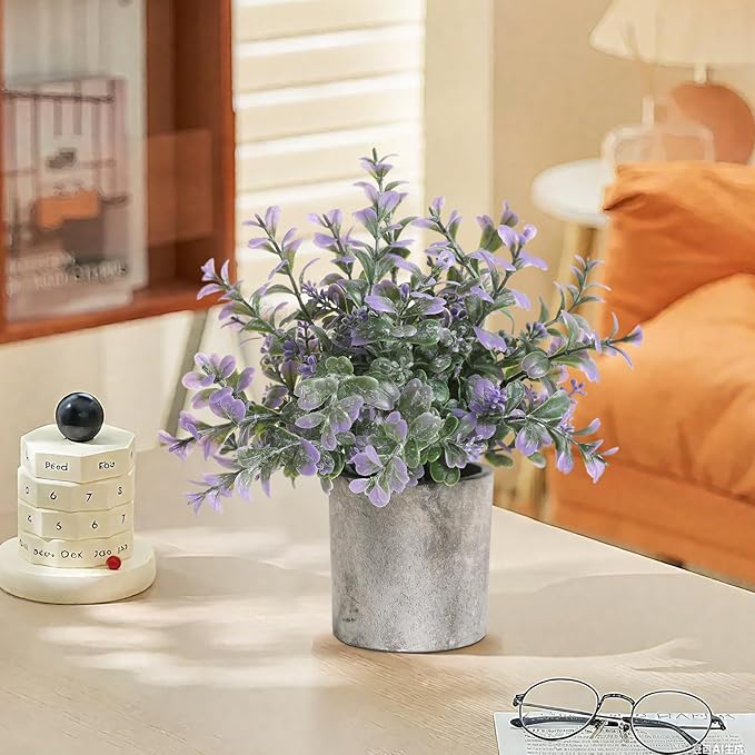 3 Pack Mini Purple Potted Fake Plants Artificial Plastic Indoor Eucalyptus Plants for Home, Office, Desk, Bathroom, Coffee Table & Shelf