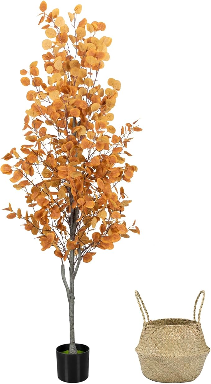 6FT Fall Artificial Eucalyptus Tree with Wicker Basket, Orange Potted Faux Eucalyptus Trees, Autumn Fake Eucalyptus Plants, Lifelike Leaves & Natural Trunk for Home Office Bedroom, Indoor